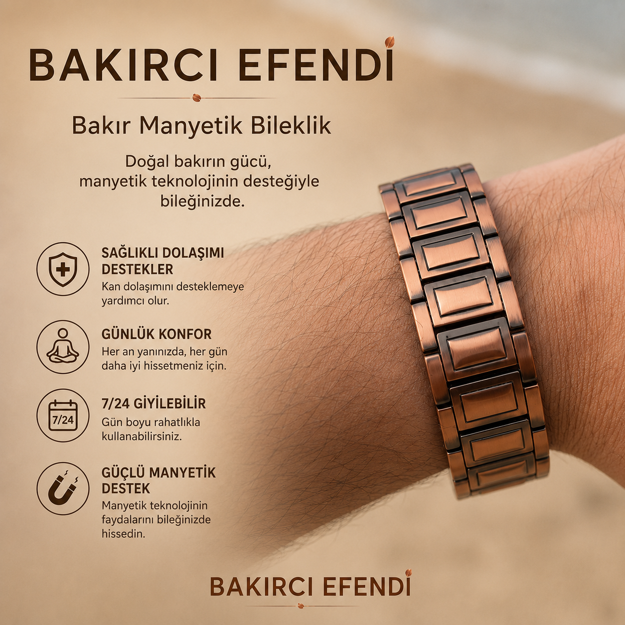 Bakırcı Efendi™ – Yüksek Manyetik Etkili Saf Bakır Erkek Bilekliği