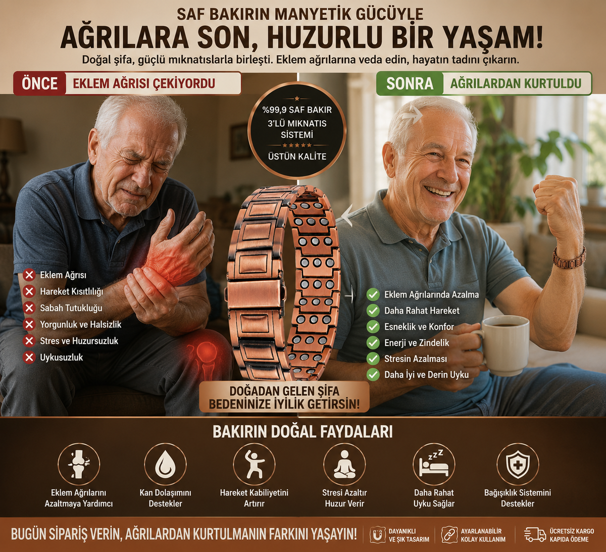 Bakırcı Efendi™ – Yüksek Manyetik Etkili Saf Bakır Erkek Bilekliği